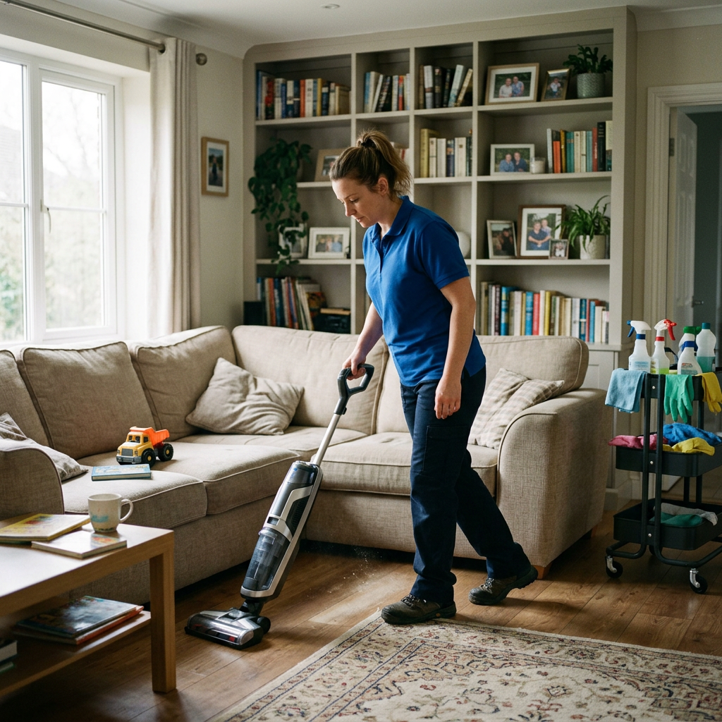 Cleaner vacuuming hardwood floor in living room with sofa and cleaning supplies trolley